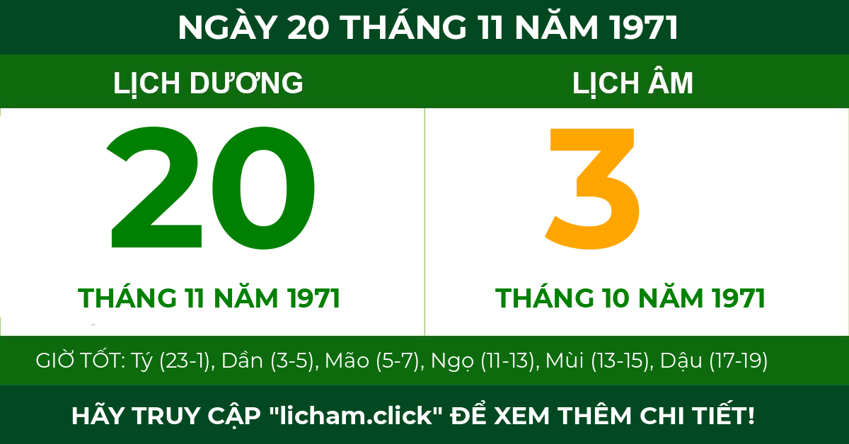 lịch âm ngày 20 tháng 11 năm 1971