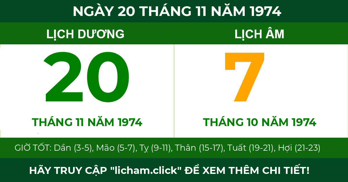 lịch âm ngày 20 tháng 11 năm 1974