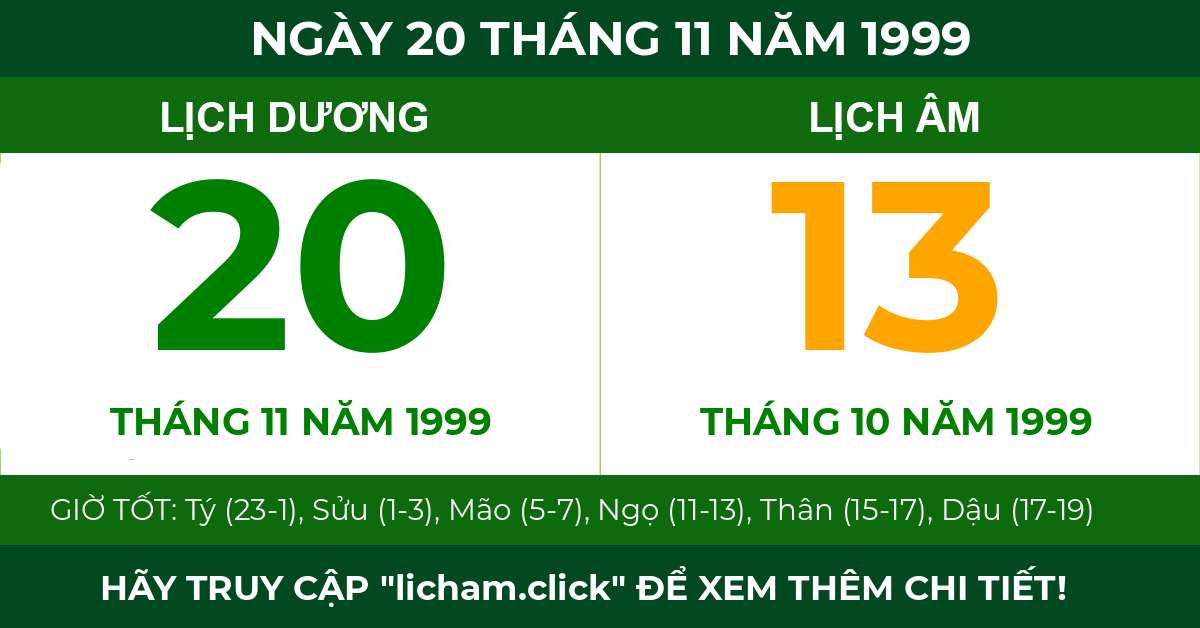 lịch âm ngày 20 tháng 11 năm 1999