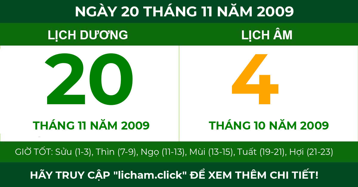 lịch âm ngày 20 tháng 11 năm 2009
