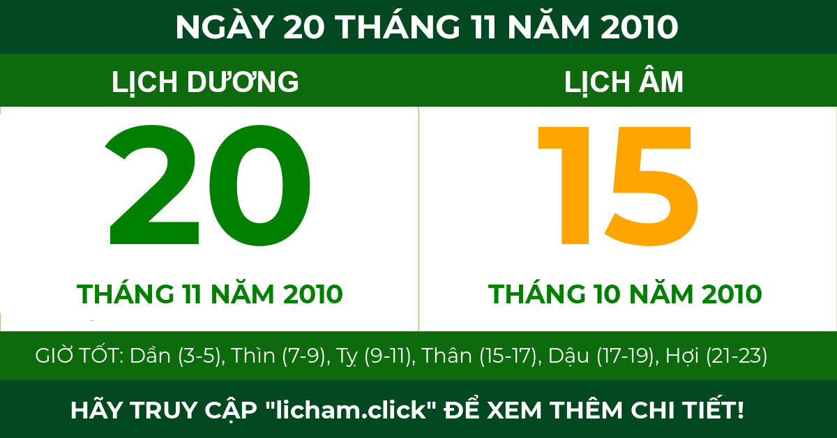 lịch âm ngày 20 tháng 11 năm 2010