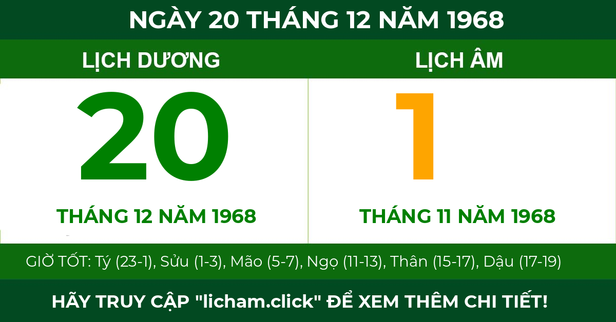 lịch âm ngày 20 tháng 12 năm 1968
