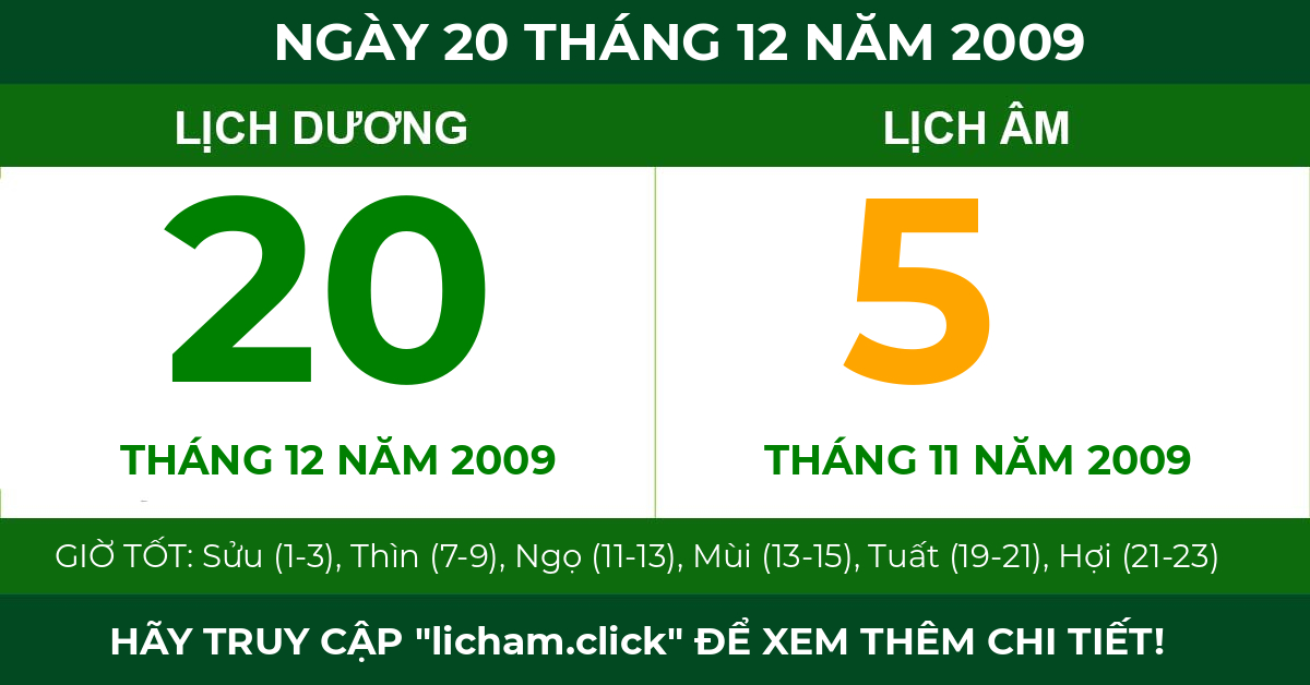 lịch âm ngày 20 tháng 12 năm 2009
