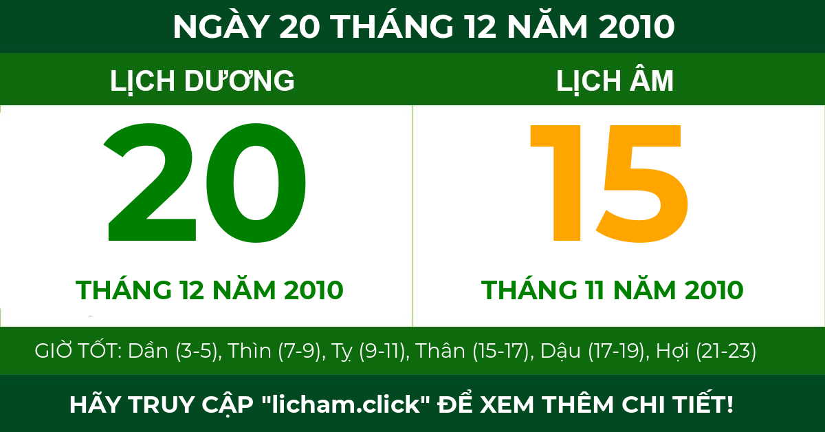 lịch âm ngày 20 tháng 12 năm 2010