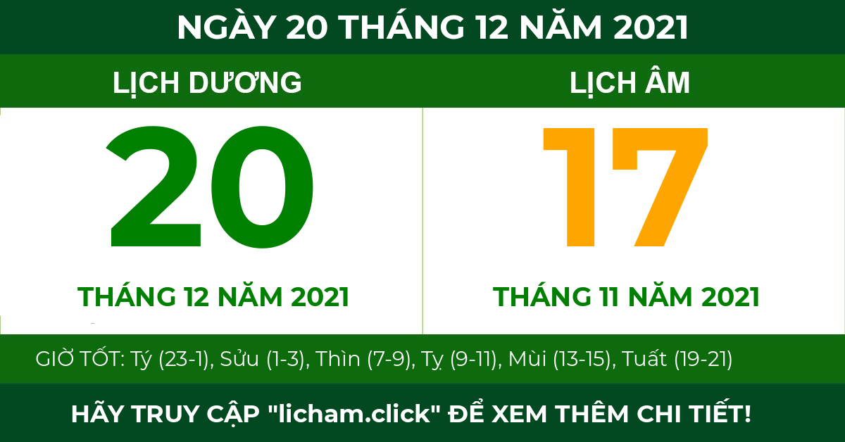 lịch âm ngày 20 tháng 12 năm 2021