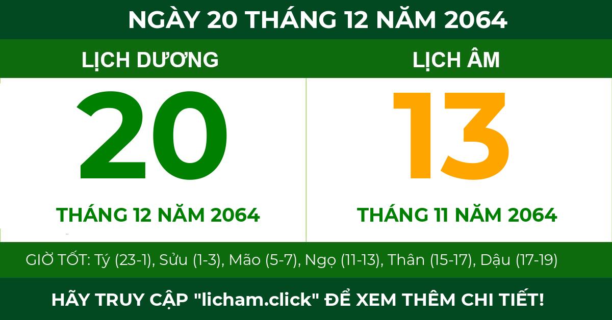 lịch âm ngày 20 tháng 12 năm 2064