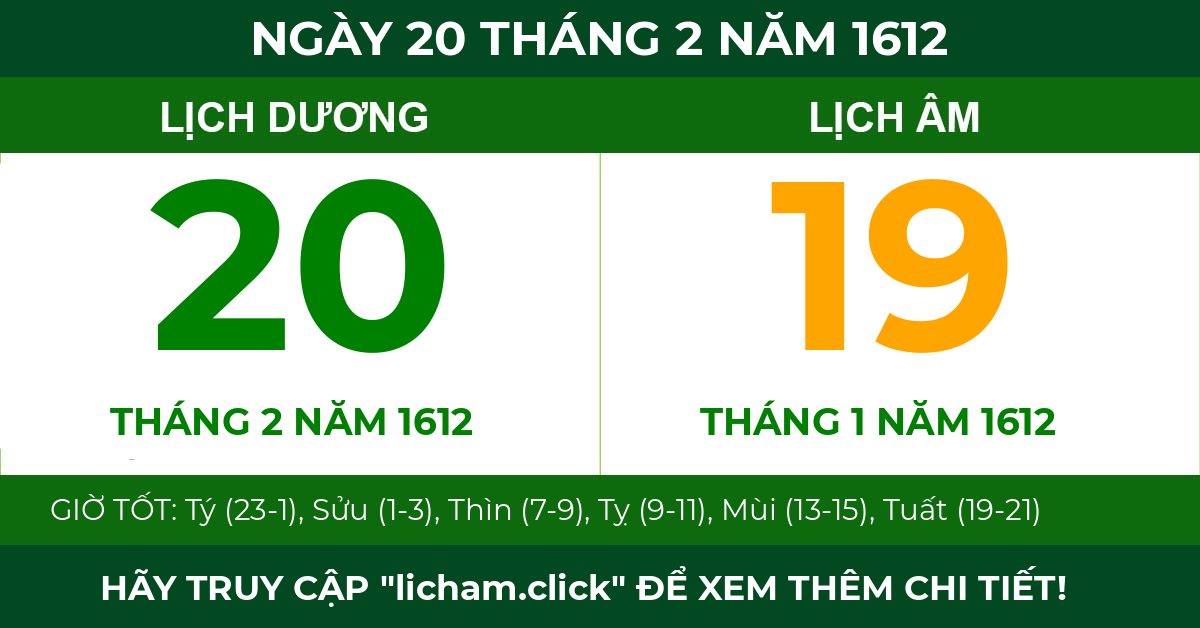 lịch âm ngày 20 tháng 2 năm 1612