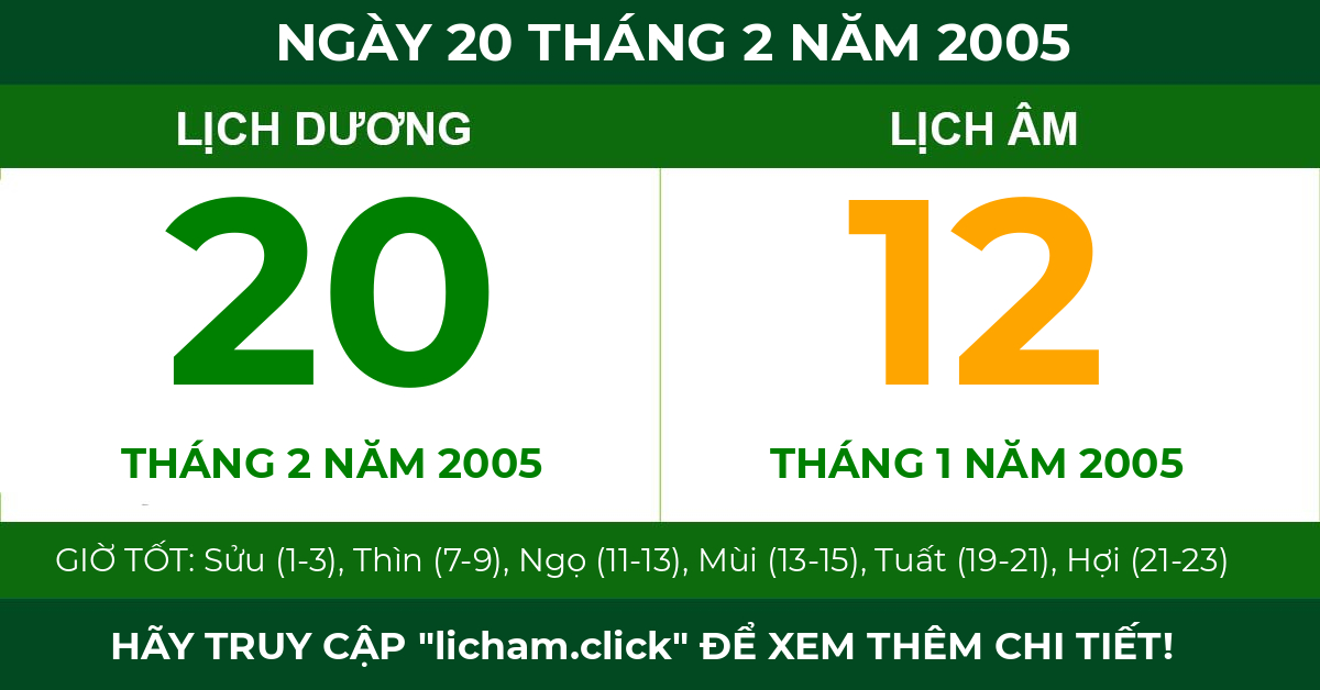 lịch âm ngày 20 tháng 2 năm 2005