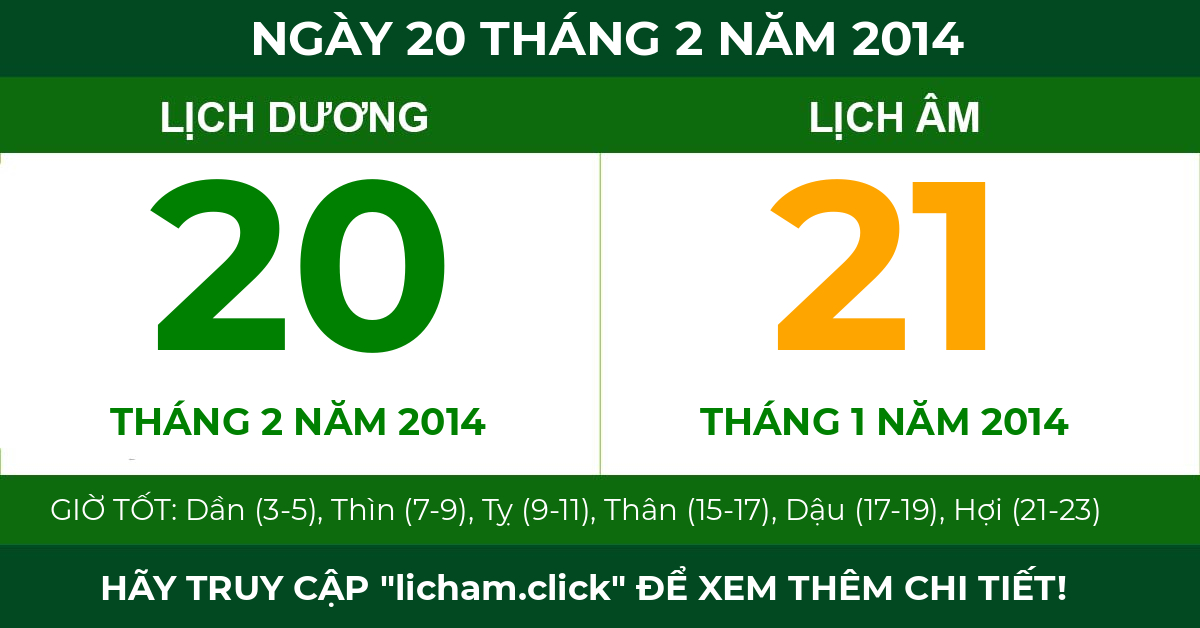 lịch âm ngày 20 tháng 2 năm 2014
