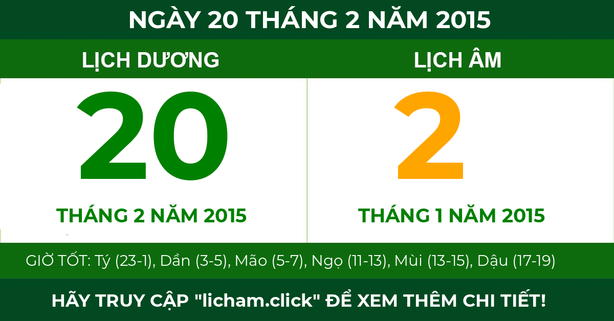 lịch âm ngày 20 tháng 2 năm 2015
