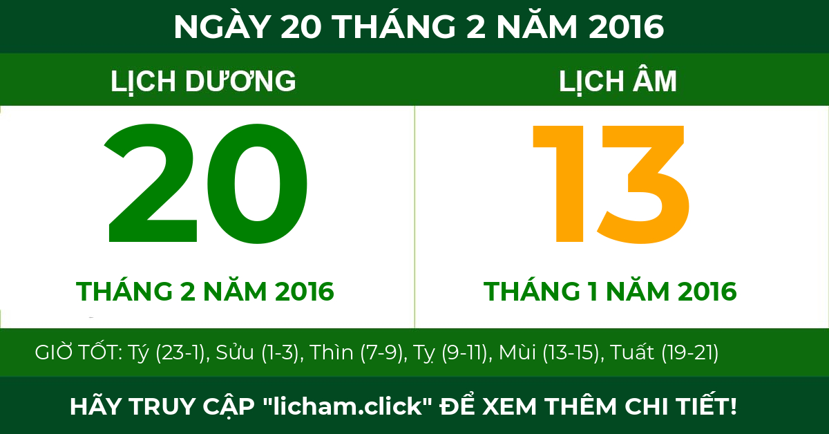 lịch âm ngày 20 tháng 2 năm 2016
