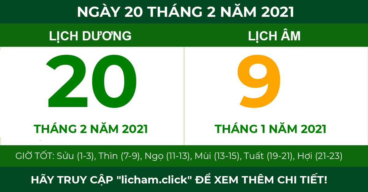 lịch âm ngày 20 tháng 2 năm 2021