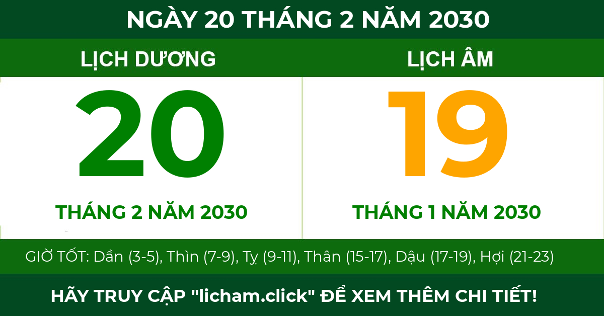 lịch âm ngày 20 tháng 2 năm 2030