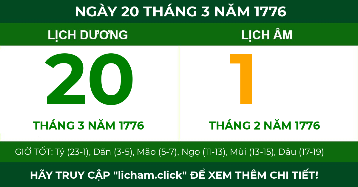 lịch âm ngày 20 tháng 3 năm 1776
