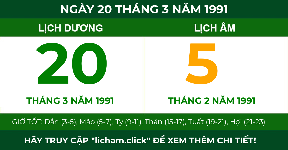 lịch âm ngày 20 tháng 3 năm 1991