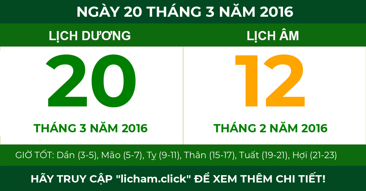 lịch âm ngày 20 tháng 3 năm 2016