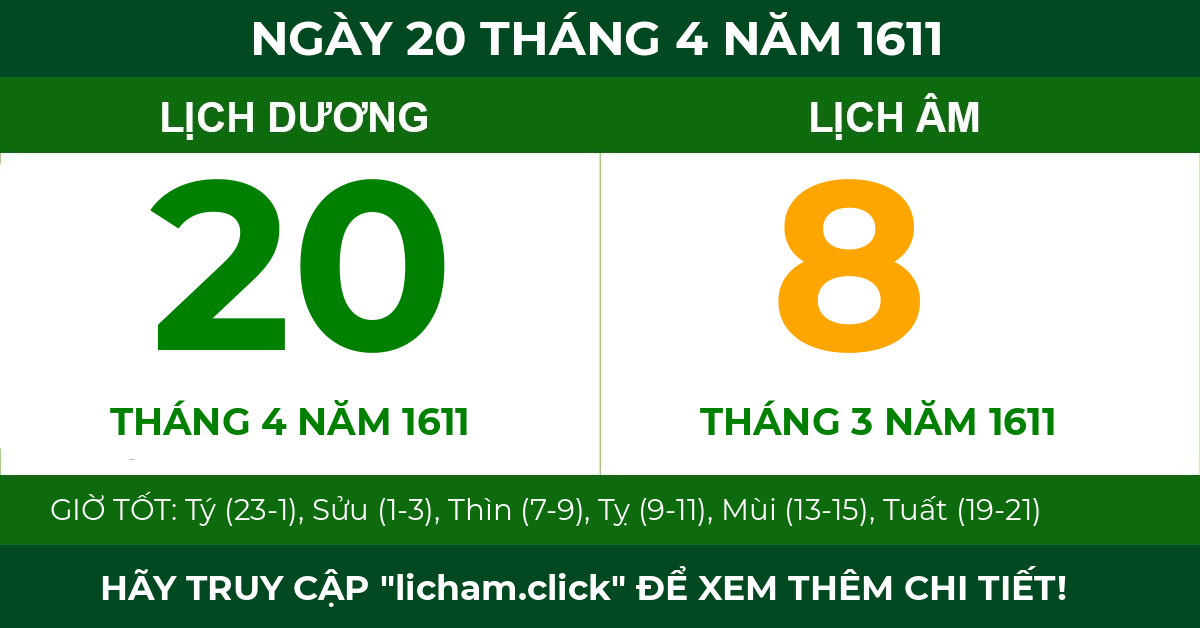 lịch âm ngày 20 tháng 4 năm 1611
