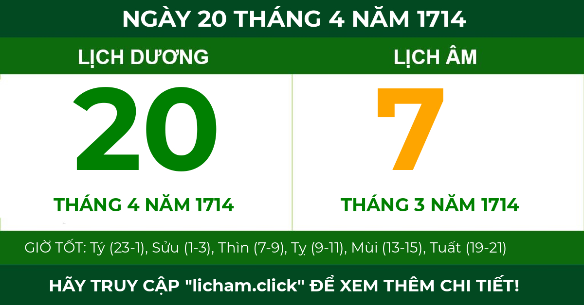 lịch âm ngày 20 tháng 4 năm 1714