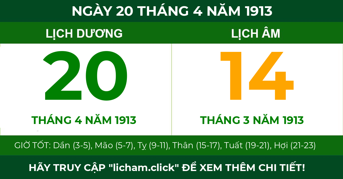 lịch âm ngày 20 tháng 4 năm 1913