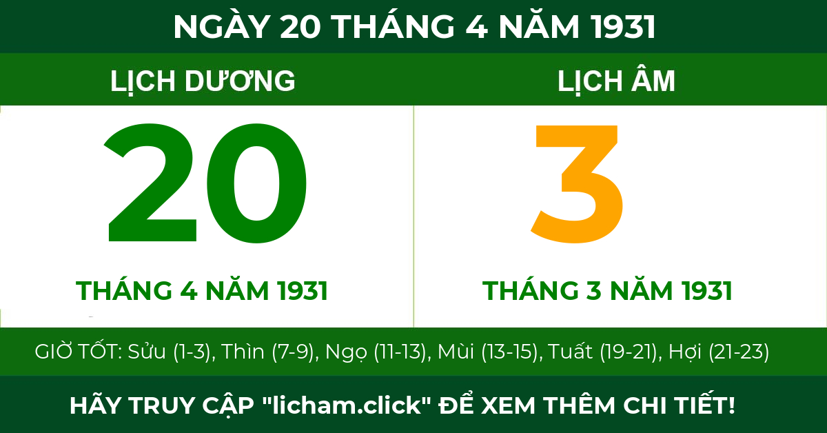 lịch âm ngày 20 tháng 4 năm 1931