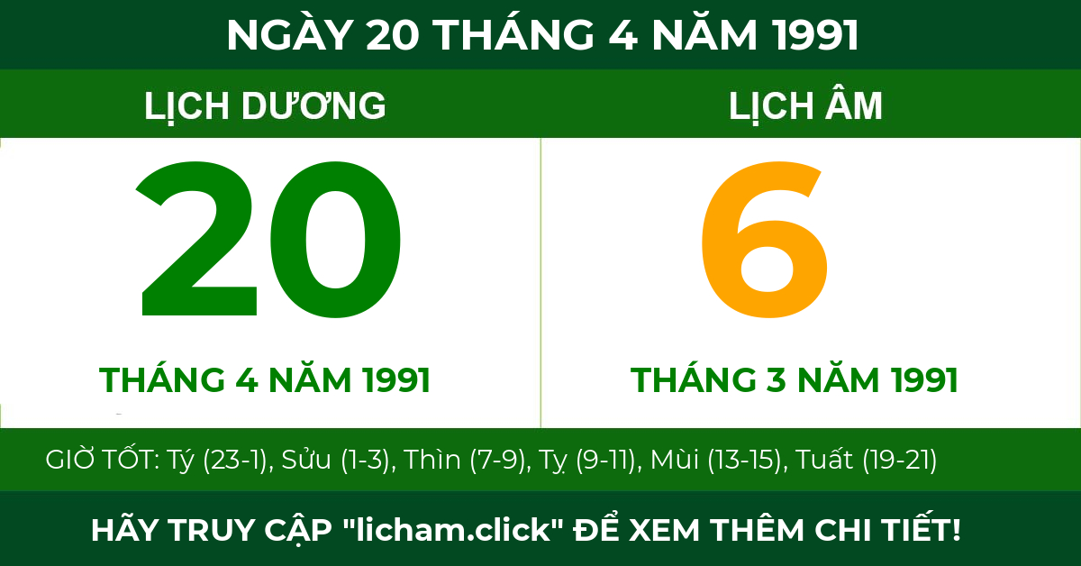 lịch âm ngày 20 tháng 4 năm 1991