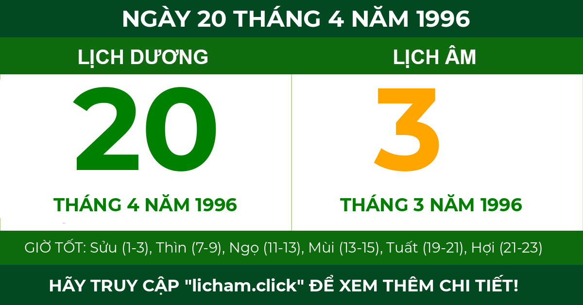 lịch âm ngày 20 tháng 4 năm 1996