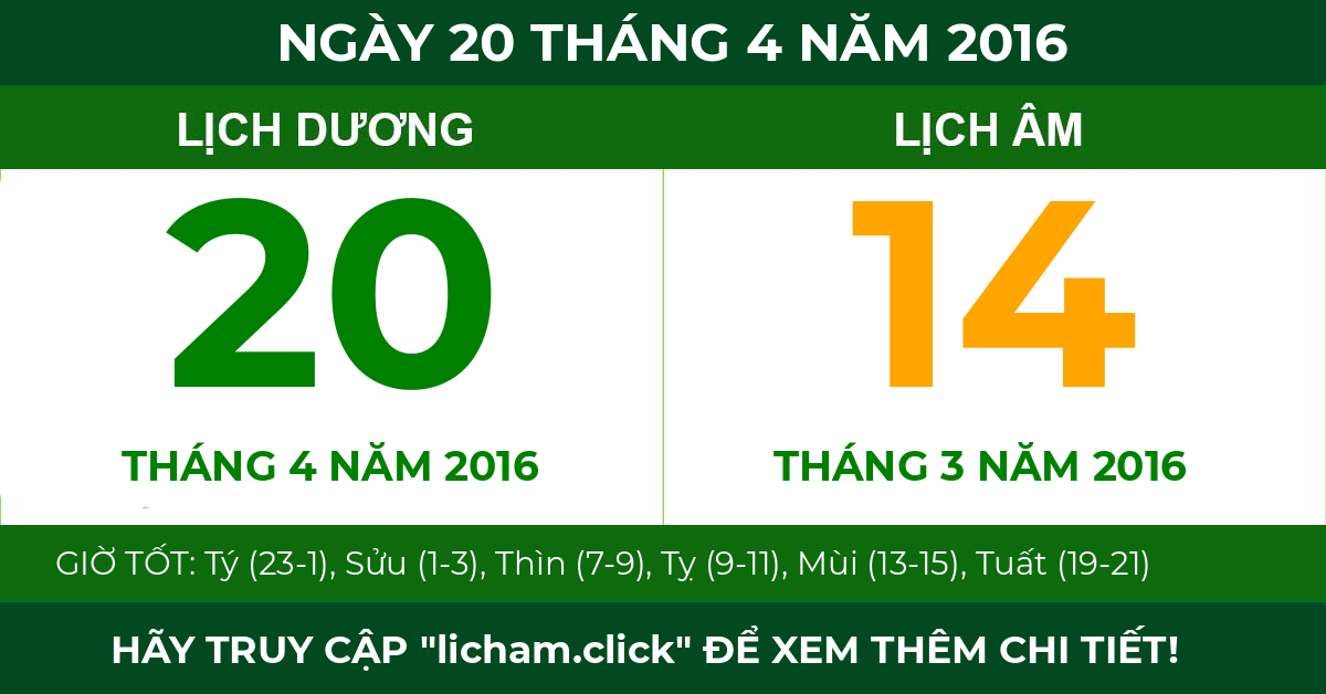 lịch âm ngày 20 tháng 4 năm 2016