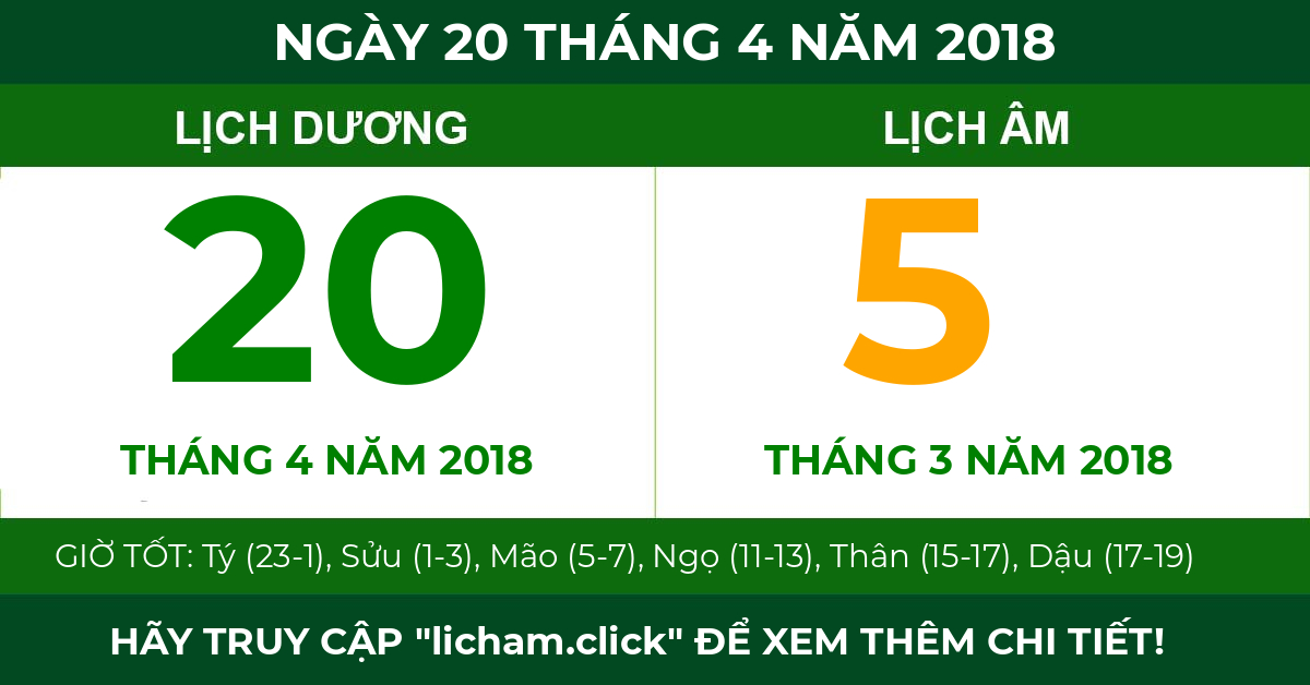 lịch âm ngày 20 tháng 4 năm 2018