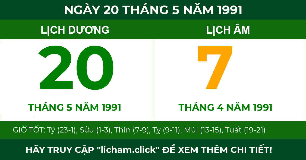 lịch âm ngày 20 tháng 5 năm 1991