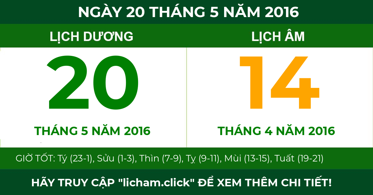 lịch âm ngày 20 tháng 5 năm 2016