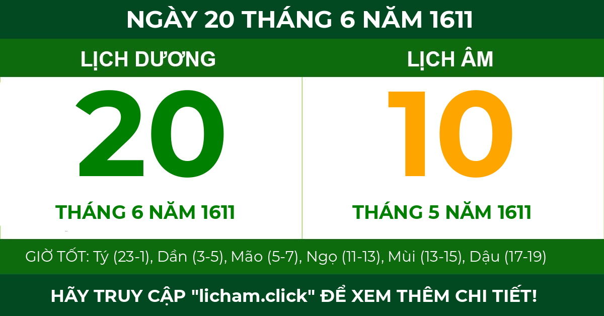 lịch âm ngày 20 tháng 6 năm 1611
