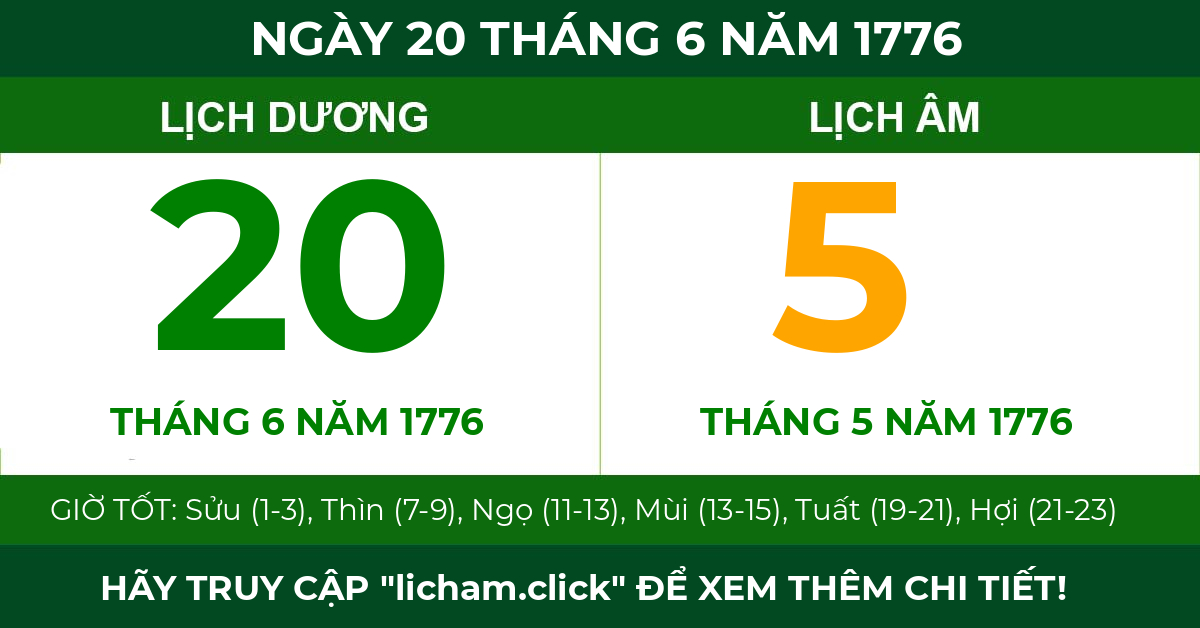 lịch âm ngày 20 tháng 6 năm 1776