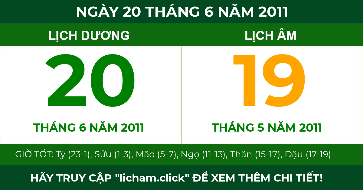 lịch âm ngày 20 tháng 6 năm 2011