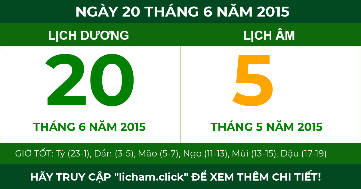 lịch âm ngày 20 tháng 6 năm 2015