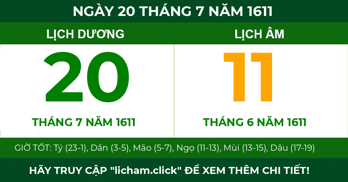 lịch âm ngày 20 tháng 7 năm 1611