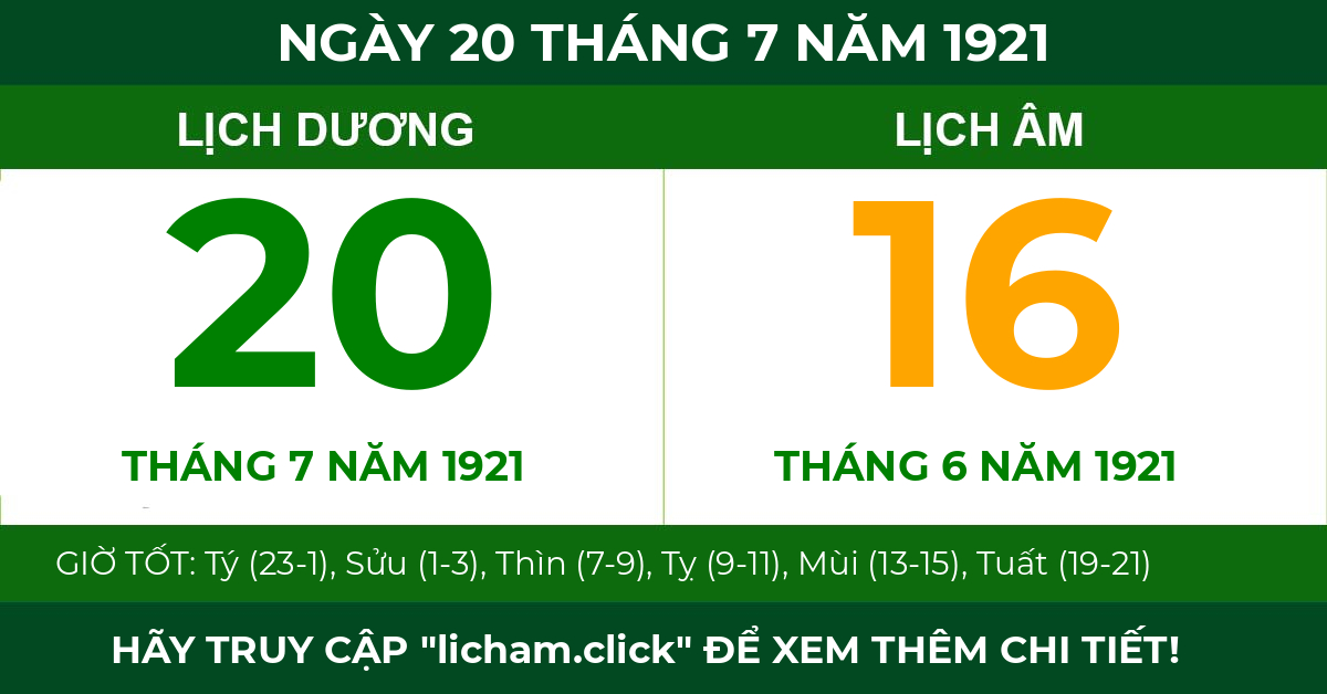 lịch âm ngày 20 tháng 7 năm 1921