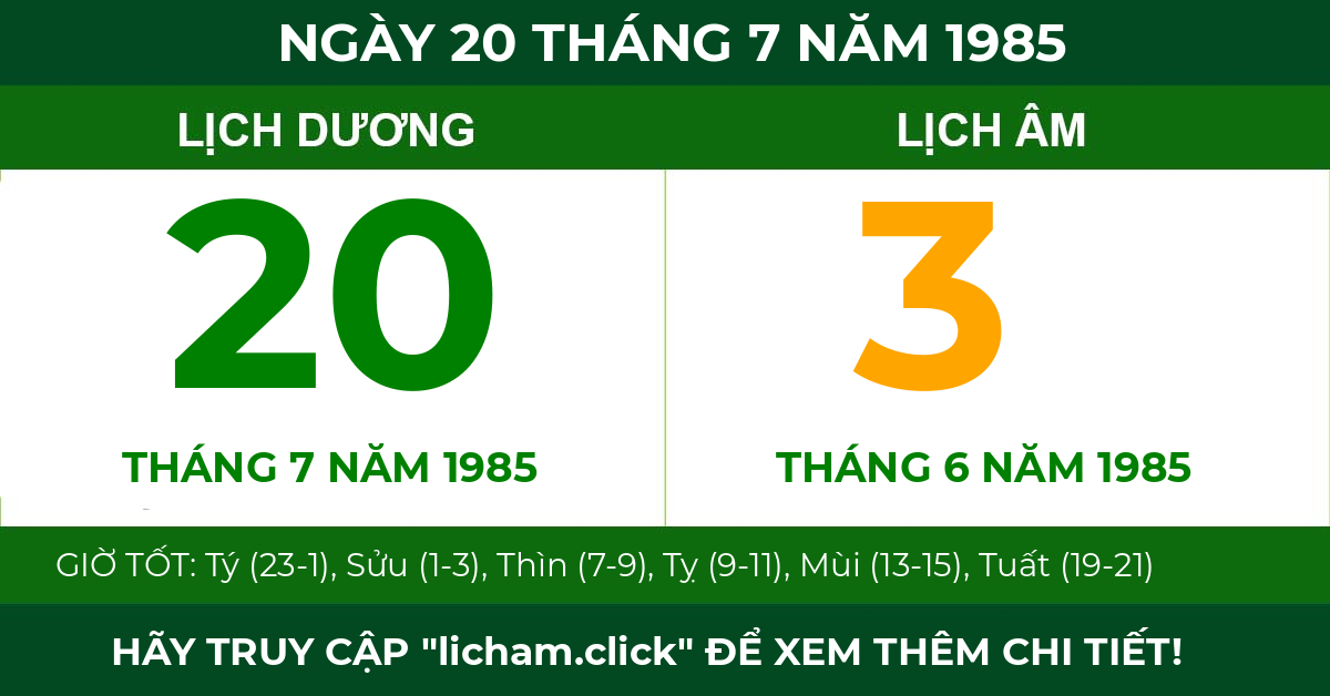 lịch âm ngày 20 tháng 7 năm 1985
