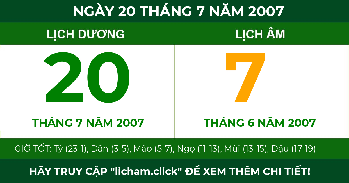 lịch âm ngày 20 tháng 7 năm 2007