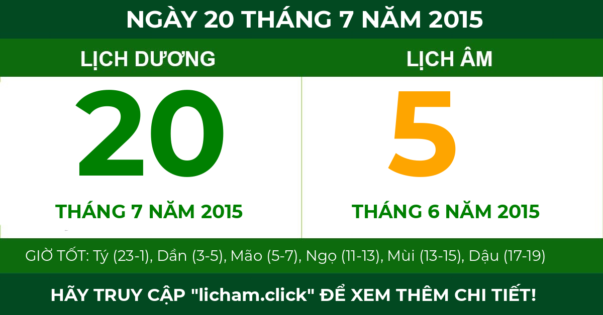 lịch âm ngày 20 tháng 7 năm 2015