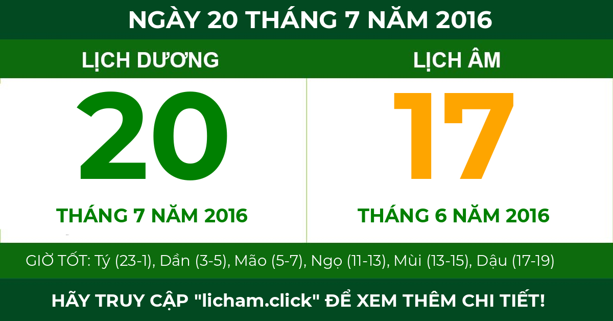 lịch âm ngày 20 tháng 7 năm 2016