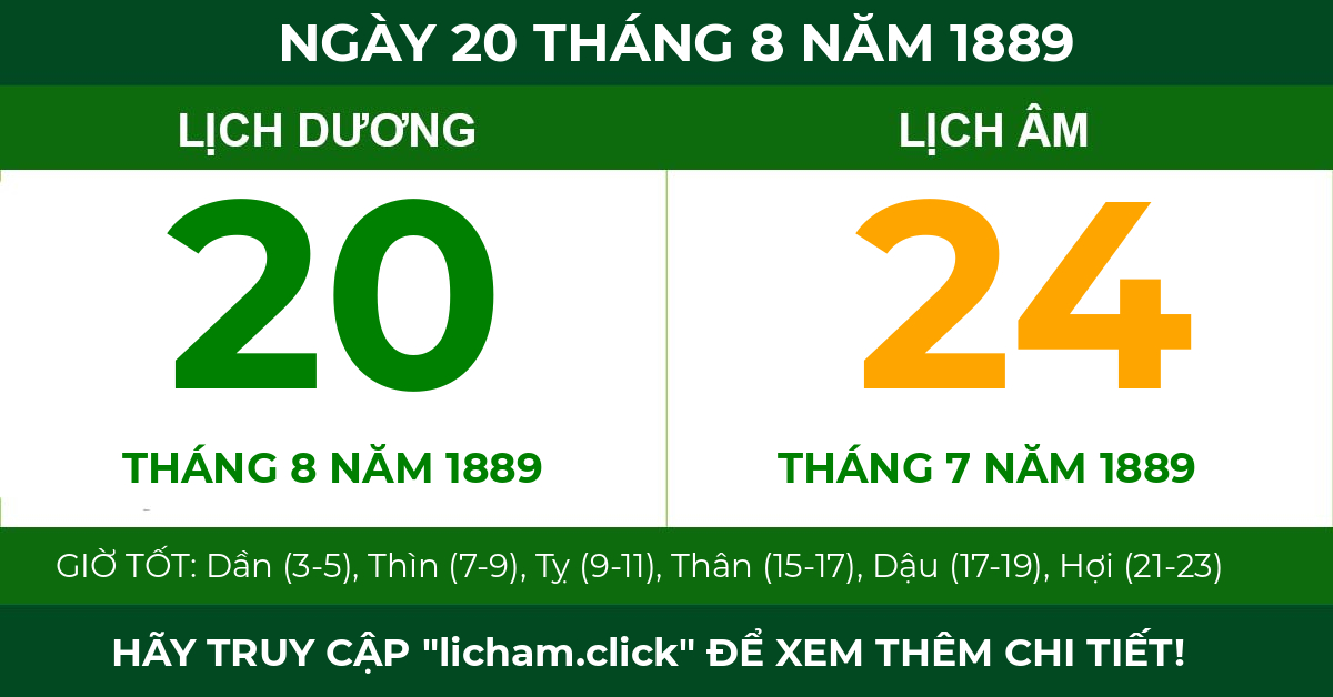 lịch âm ngày 20 tháng 8 năm 1889