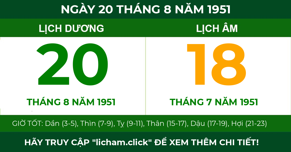 lịch âm ngày 20 tháng 8 năm 1951