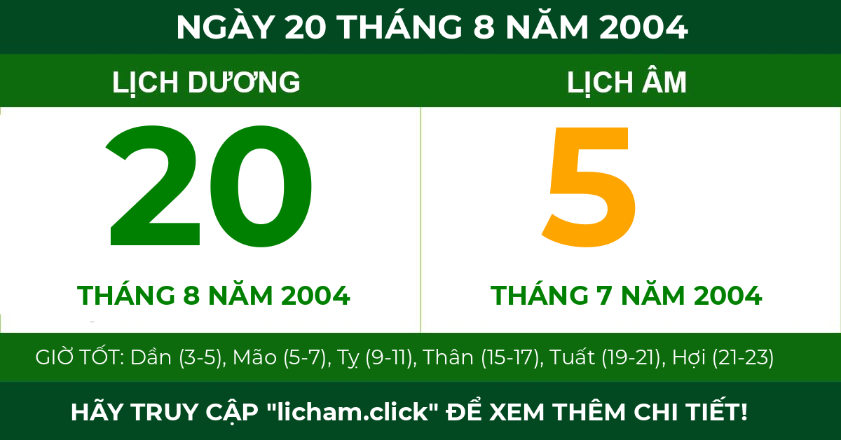 lịch âm ngày 20 tháng 8 năm 2004