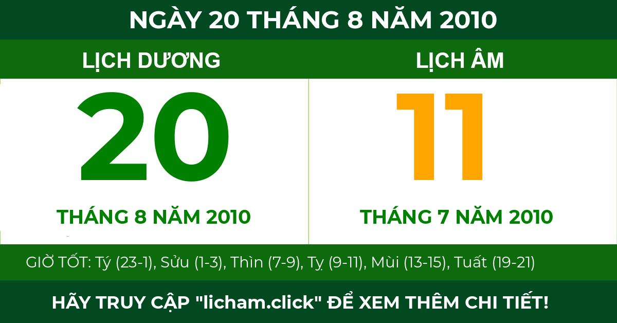 lịch âm ngày 20 tháng 8 năm 2010