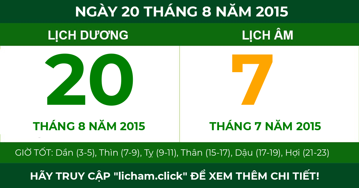 lịch âm ngày 20 tháng 8 năm 2015