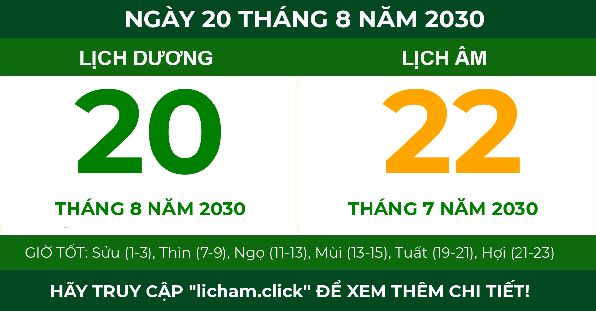 lịch âm ngày 20 tháng 8 năm 2030