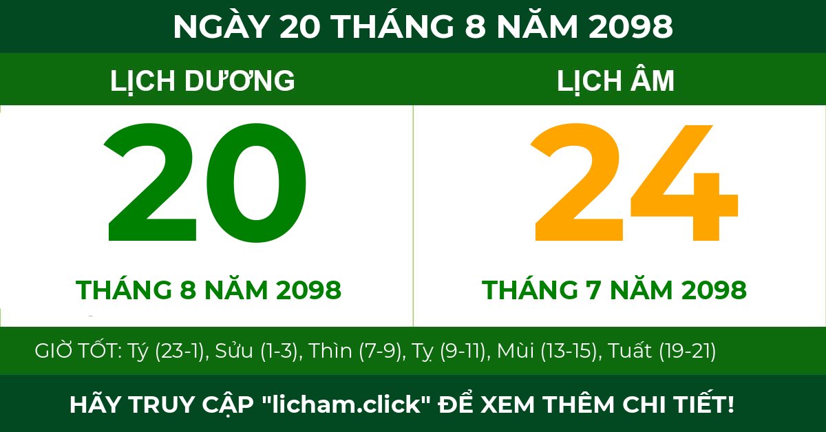 lịch âm ngày 20 tháng 8 năm 2098