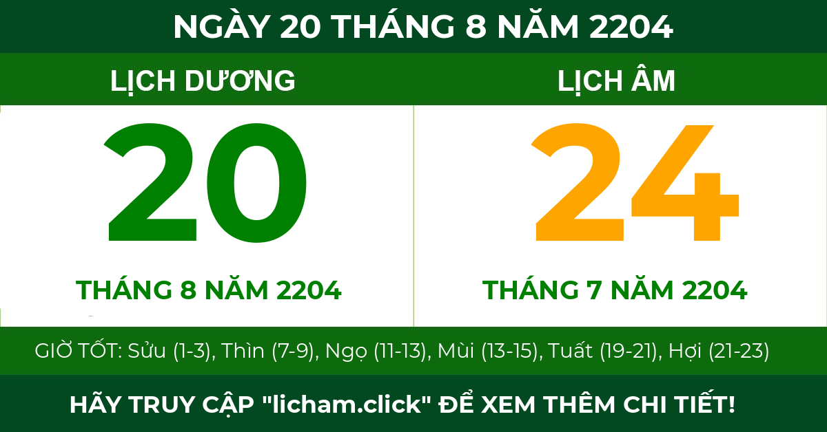 lịch âm ngày 20 tháng 8 năm 2204