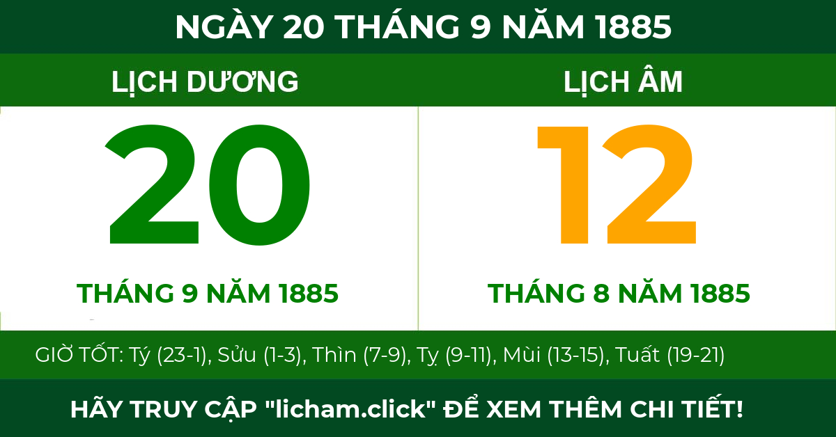 lịch âm ngày 20 tháng 9 năm 1885