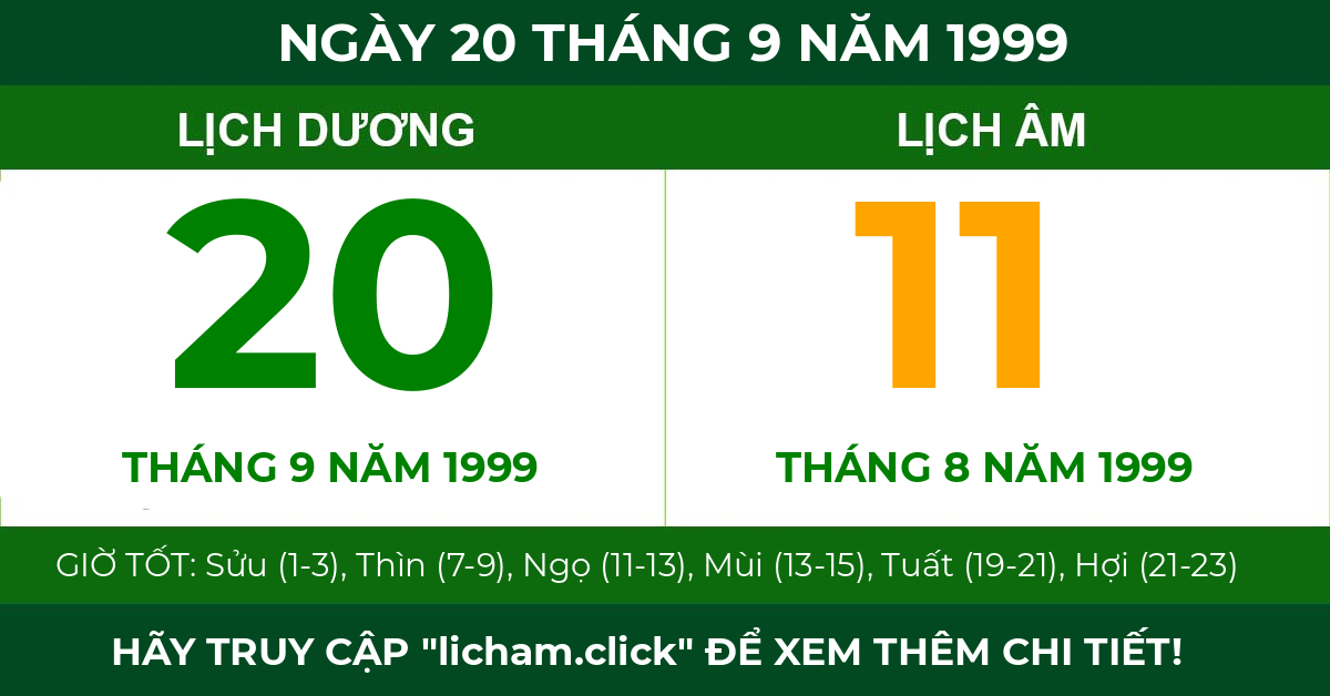 lịch âm ngày 20 tháng 9 năm 1999